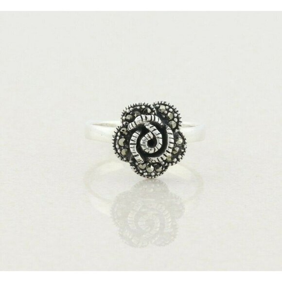 Sterling Silver Marcasite Flower Ring Size 8 - Picture 1 of 8